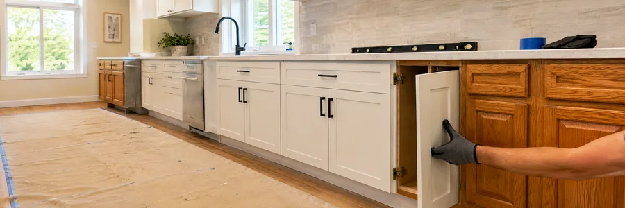 Kitchen mid-refacing: a run of new white shaker doors installed beside the original 1990s honey-oak doors