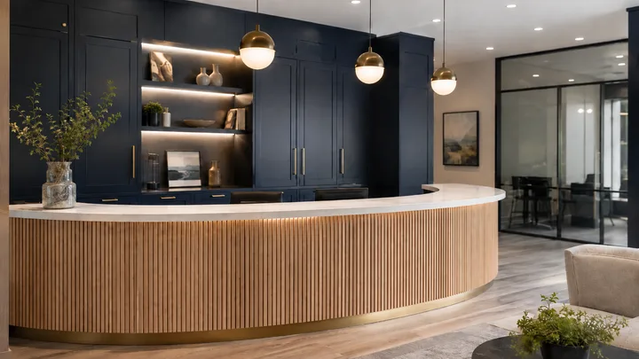 Curved oak-slat reception desk with a stone top and ink-blue wall cabinetry behind it