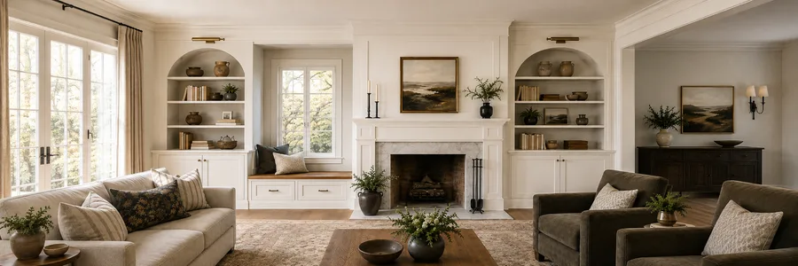 Cream custom built-in bookcases with arched tops flanking a fireplace, with a window seat between them