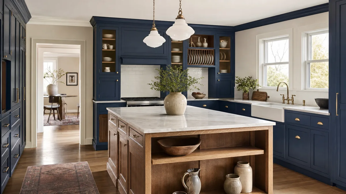 Custom kitchen with ink-blue inset shaker cabinets and a quarter-sawn oak island