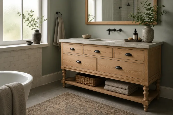 Custom quarter-sawn oak bathroom vanity with turned legs, black cup pulls, and a honed stone top