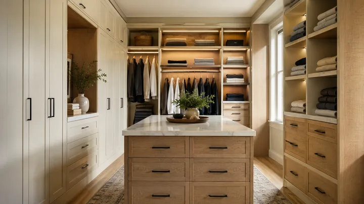 Custom walk-in closet in cream and oak with wardrobe sections, drawers, and a center island